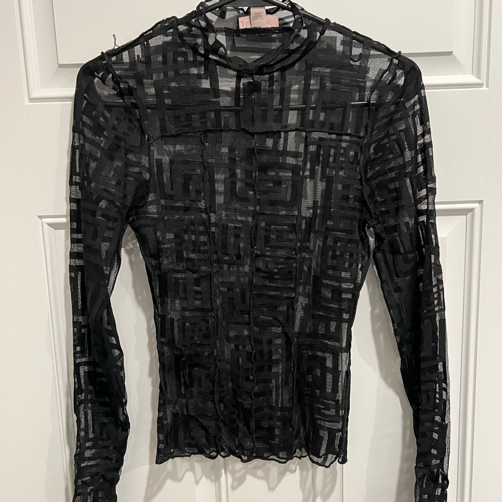 Sheer Black Geometric Long Sleeve Top